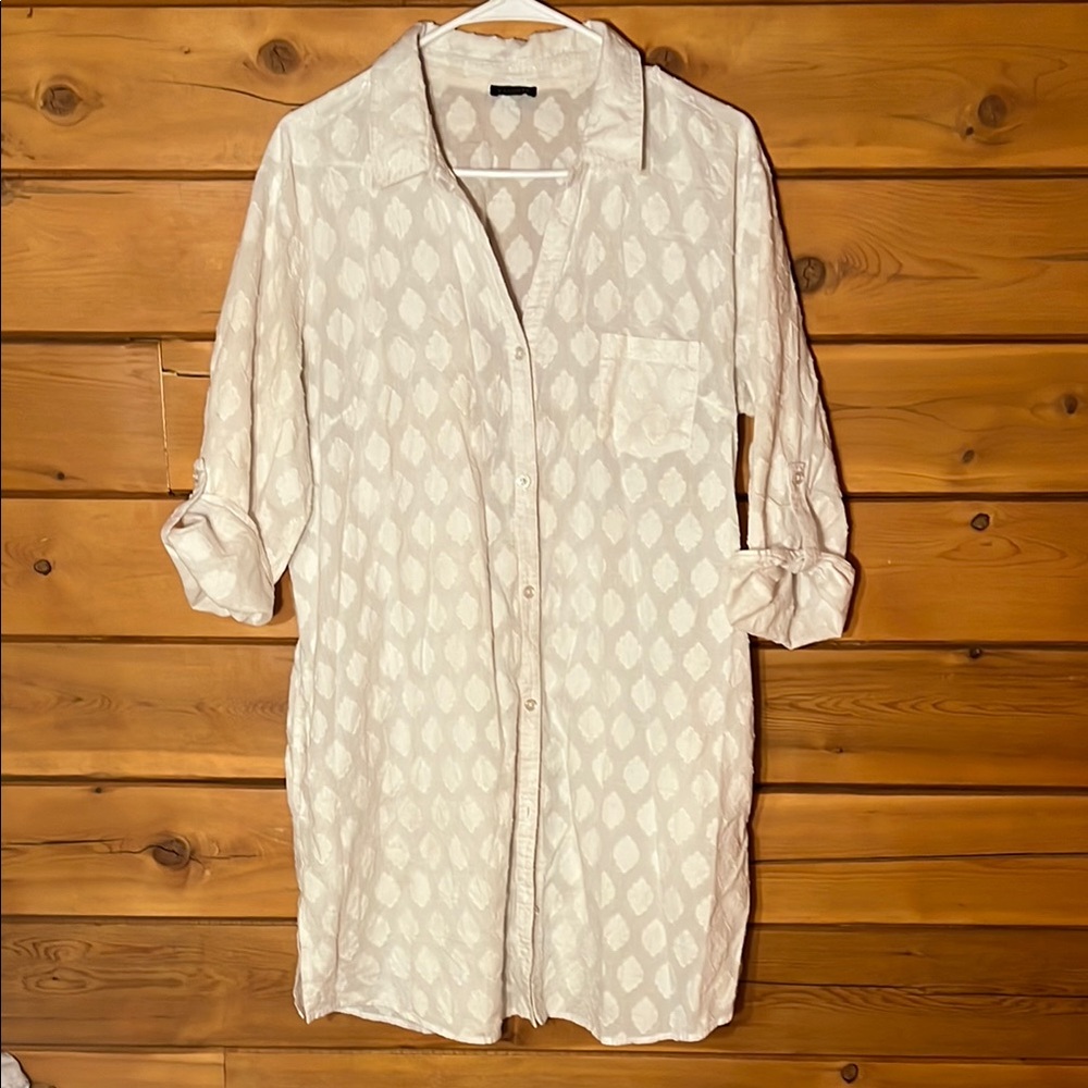 TALBOTS White Button Down Shirt Tunic Notched Collar 3/4 Sleeve